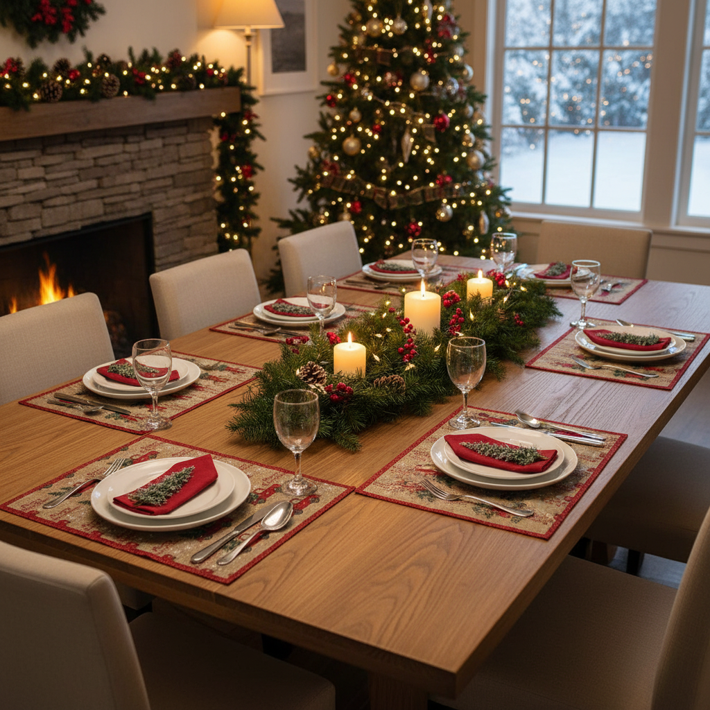 Red Truck With Tree Print Polyester Placemat Christmas Holiday Dining Mats - Set of 12