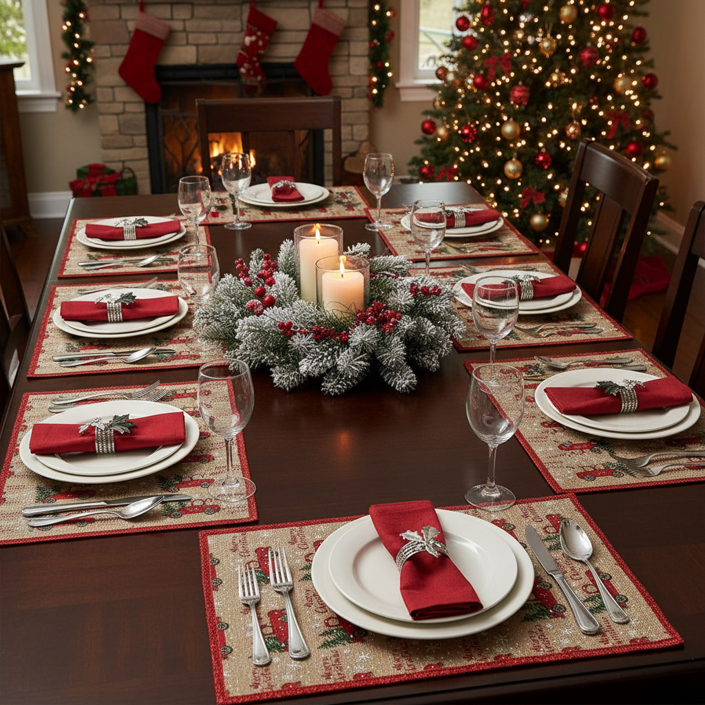 Red Truck With Tree Print Polyester Placemat Christmas Holiday Dining Mats - Set of 12