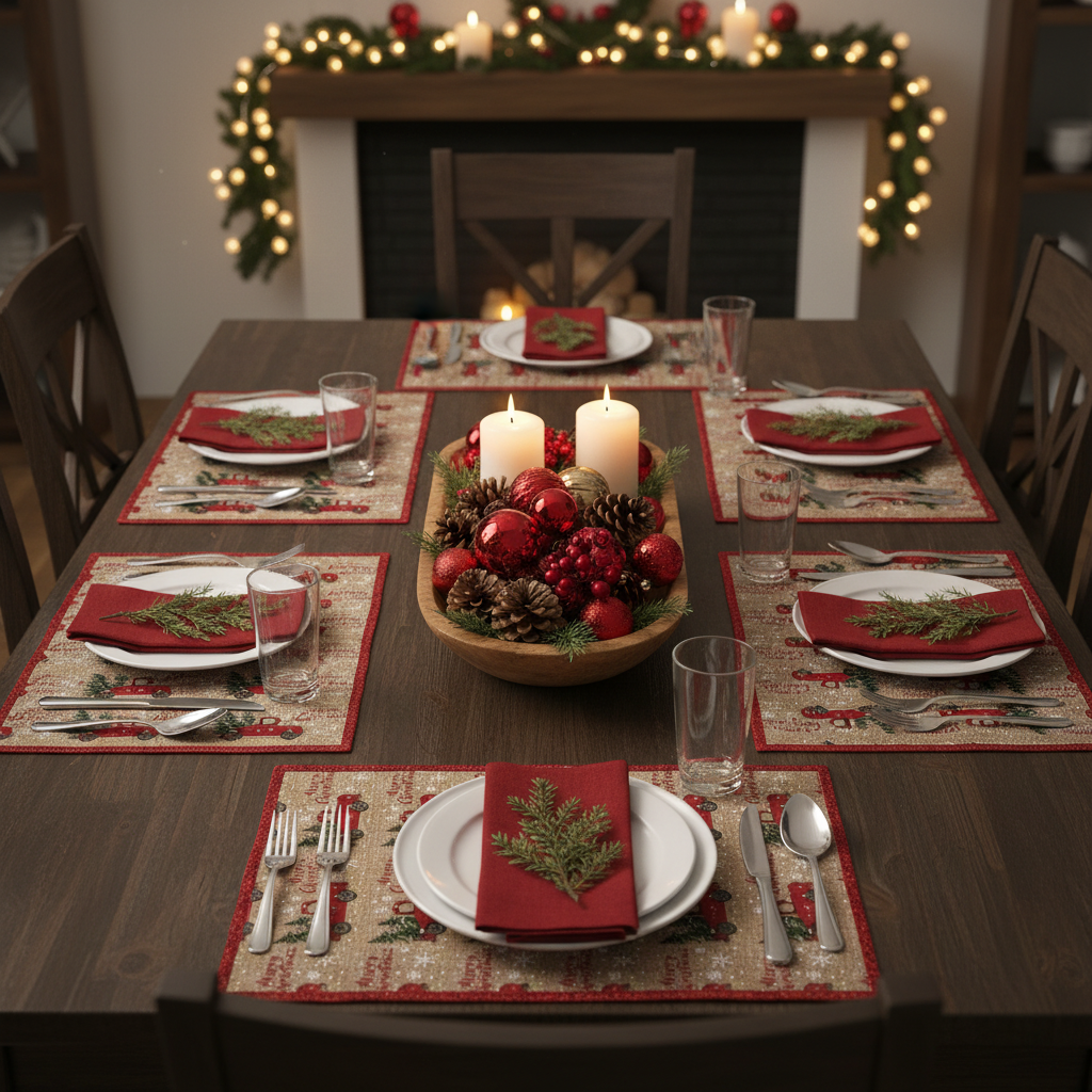 Red Truck With Tree Print Polyester Placemat Christmas Holiday Dining Mats - Set of 12