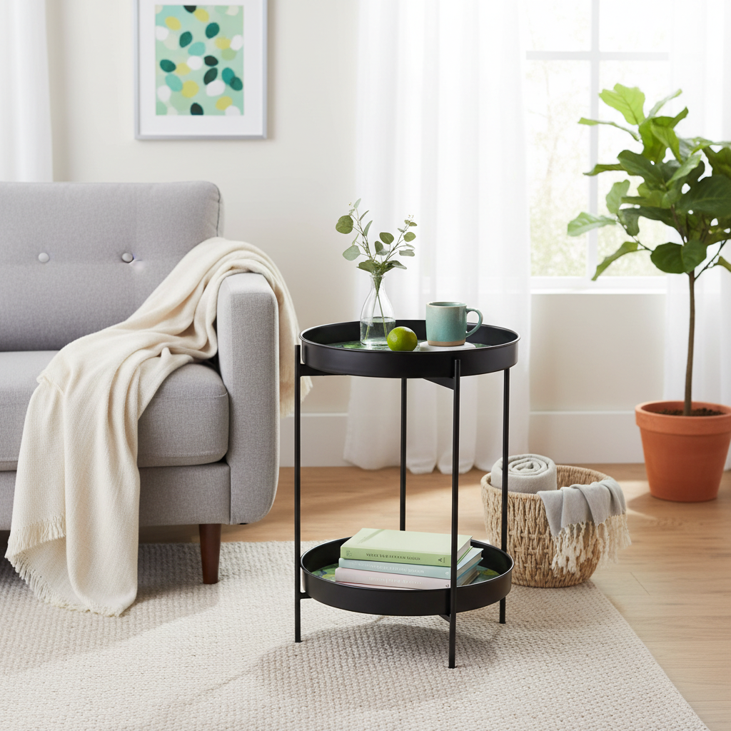 Two Tier Round Side Table Lime Print, Living Room Accent Table