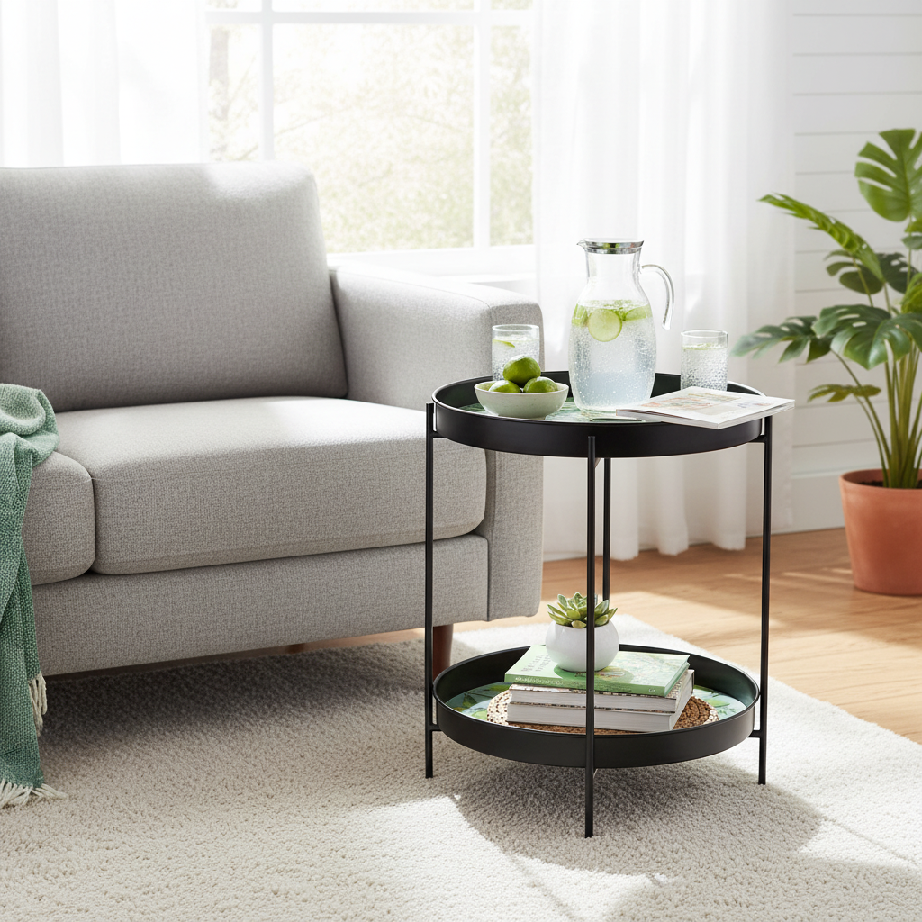 Two Tier Round Side Table Lime Print, Living Room Accent Table