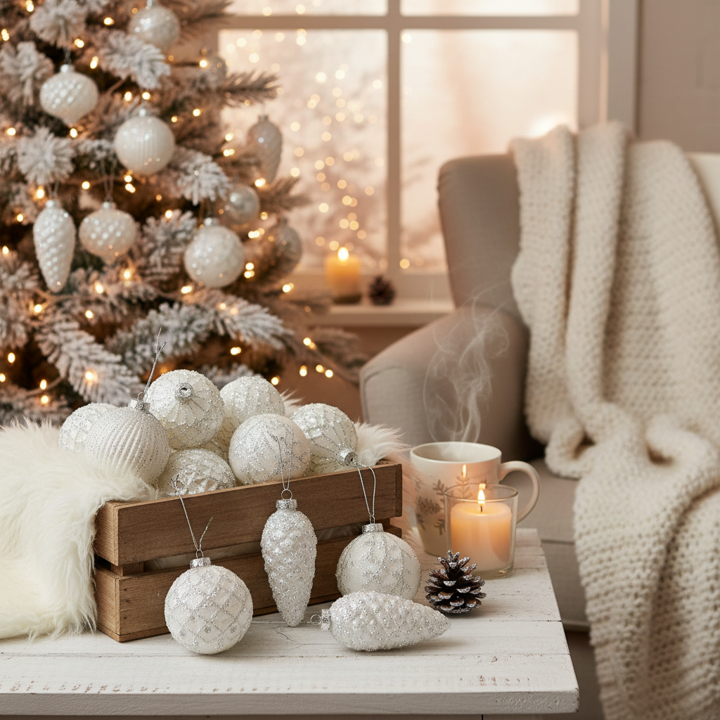 White Glass Christmas Ornament with Silver Glitter Set of 12 – Holiday Tree Decoration