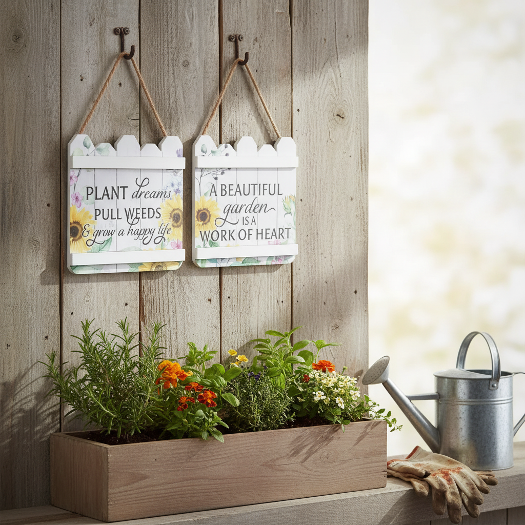 Wood Fence Shaped Floral Sign Assorted Set Of 2, Rustic Wall Decor, Farmhouse Accent