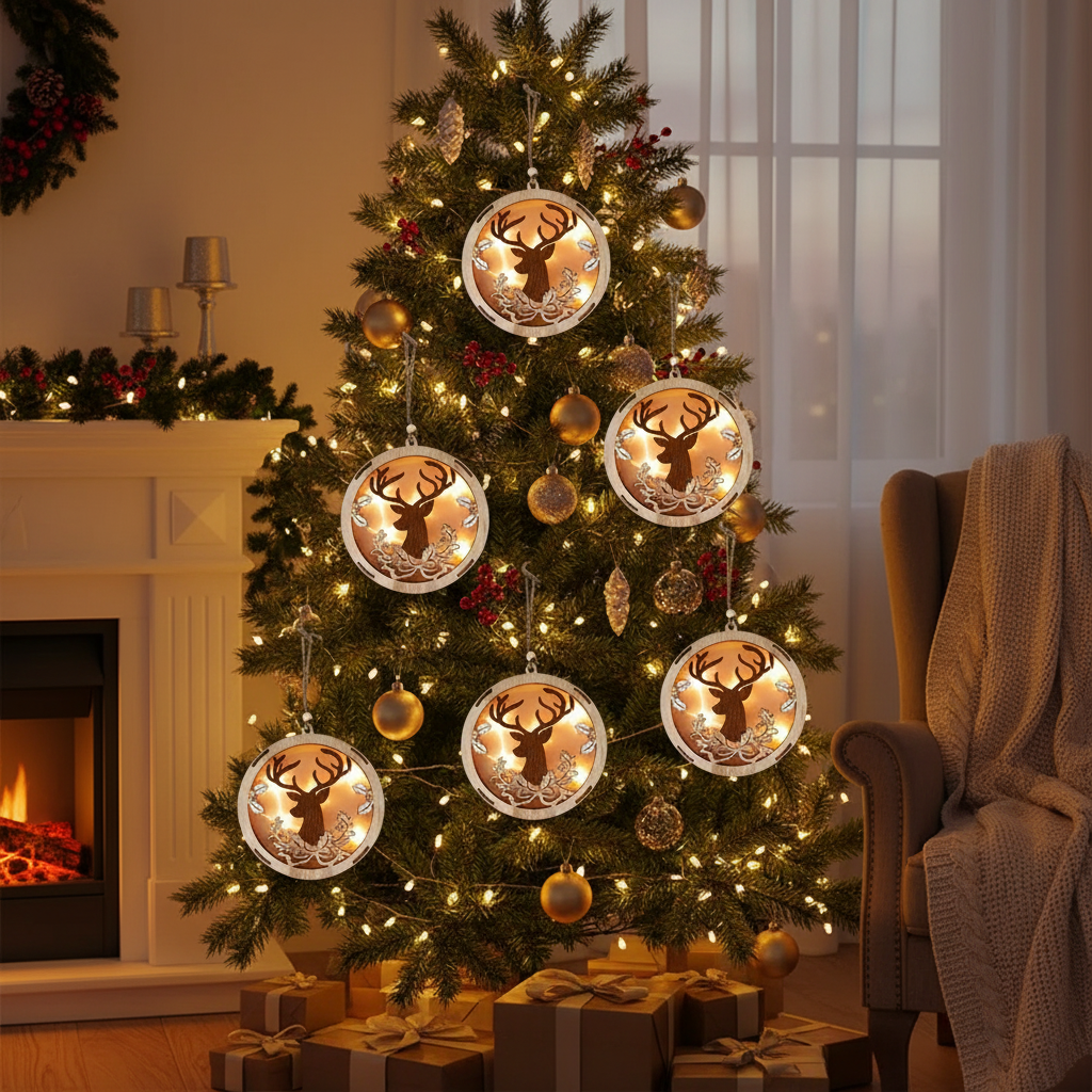 LED Wooden Round Cutout Christmas Ornament Assorted Holiday Tree Decorations - Set of 6