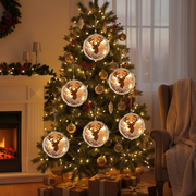 LED Wooden Round Cutout Christmas Ornament Assorted Holiday Tree Decorations - Set of 6