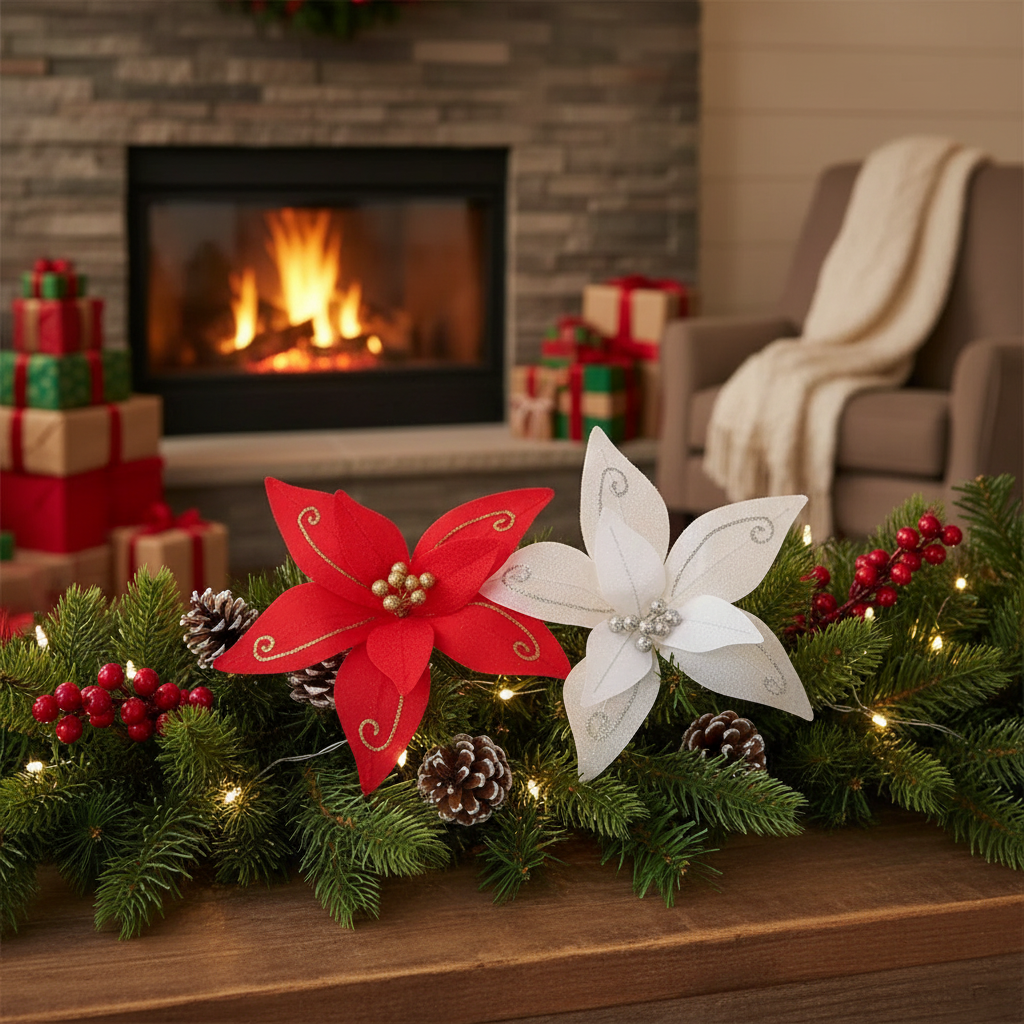Glitter Swirl Poinsettia Pick Assorted Christmas Floral Decoration Picks - Set of 12