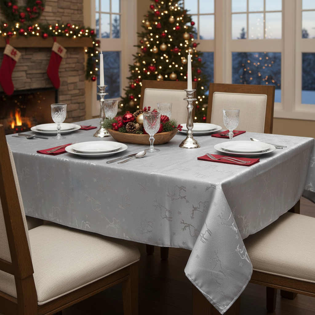 Lurex Tablecloth 54 X 72 Silver Reindeer Christmas Holiday Table Cover