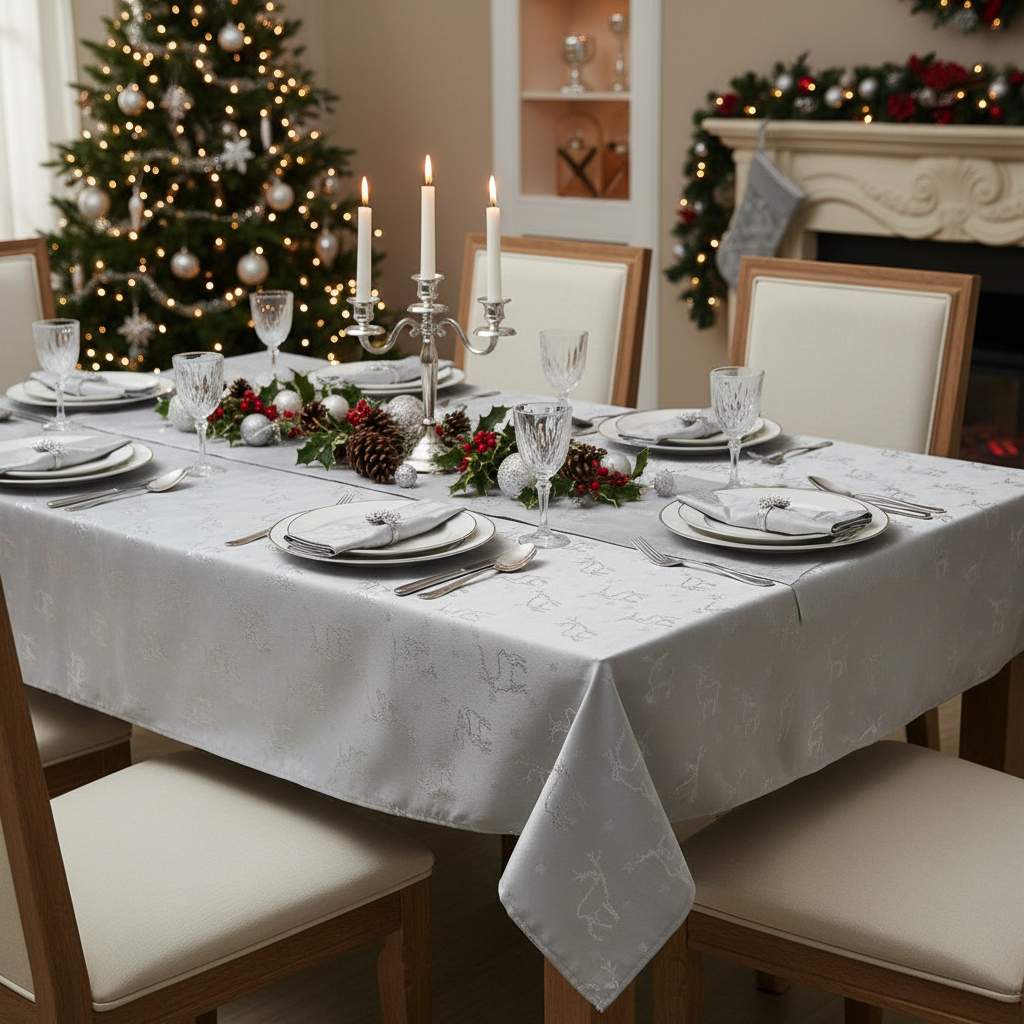 Lurex Tablecloth 60 X 90 Silver Reindeer Christmas Holiday Dining Table Cover