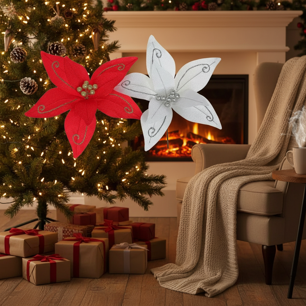 Glitter Swirl Poinsettia Pick Assorted Christmas Floral Decoration Picks - Set of 12