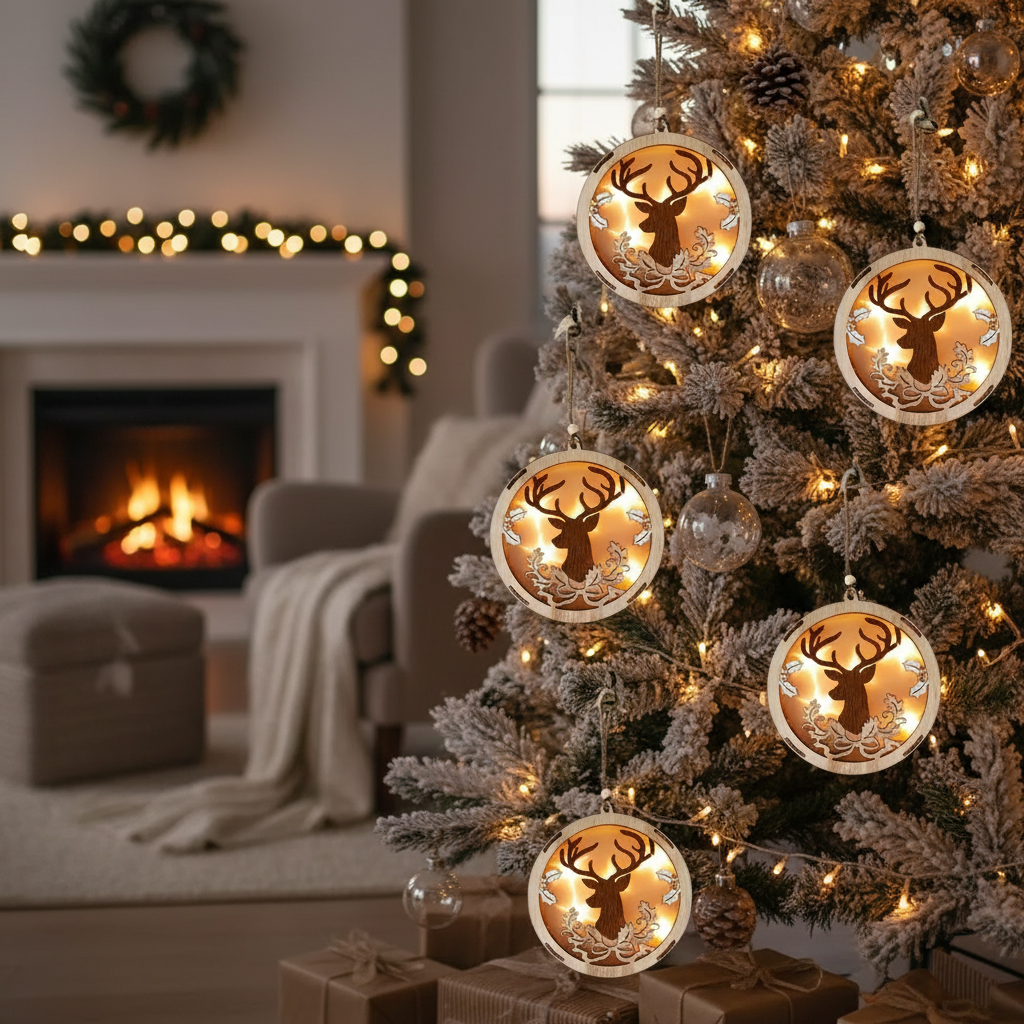 LED Wooden Round Cutout Christmas Ornament Assorted Holiday Tree Decorations - Set of 6
