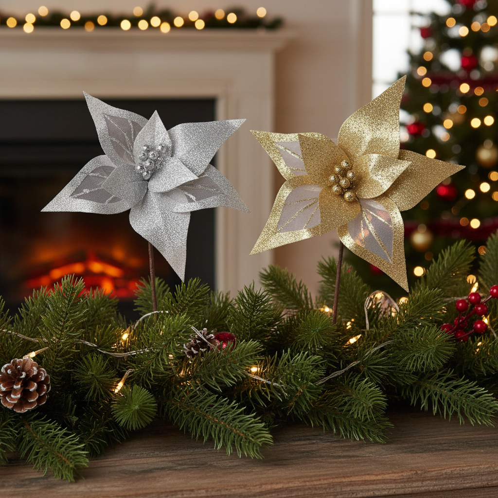 Transparent Border Glitter Poinsettia Pick Assorted Christmas Floral Picks - Set of 6