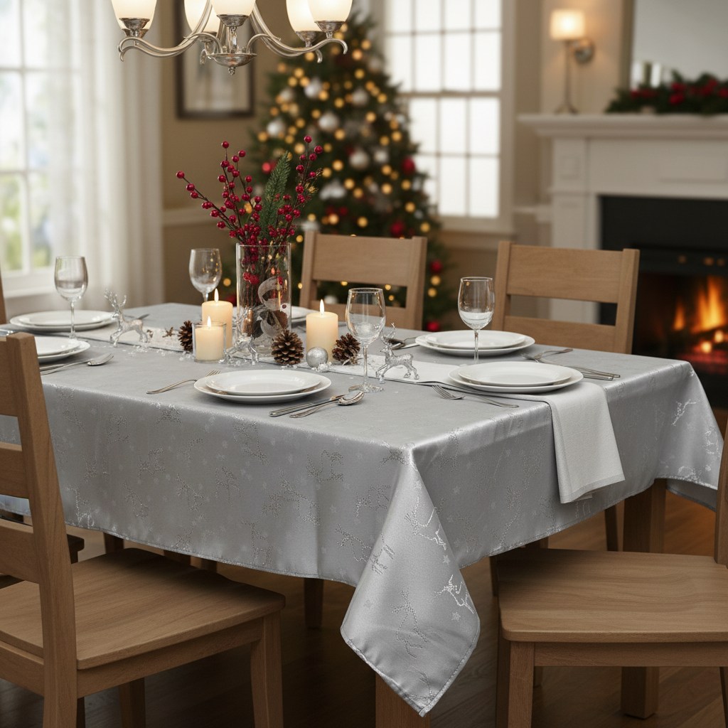 Lurex Tablecloth 60 X 90 Silver Reindeer Christmas Holiday Dining Table Cover