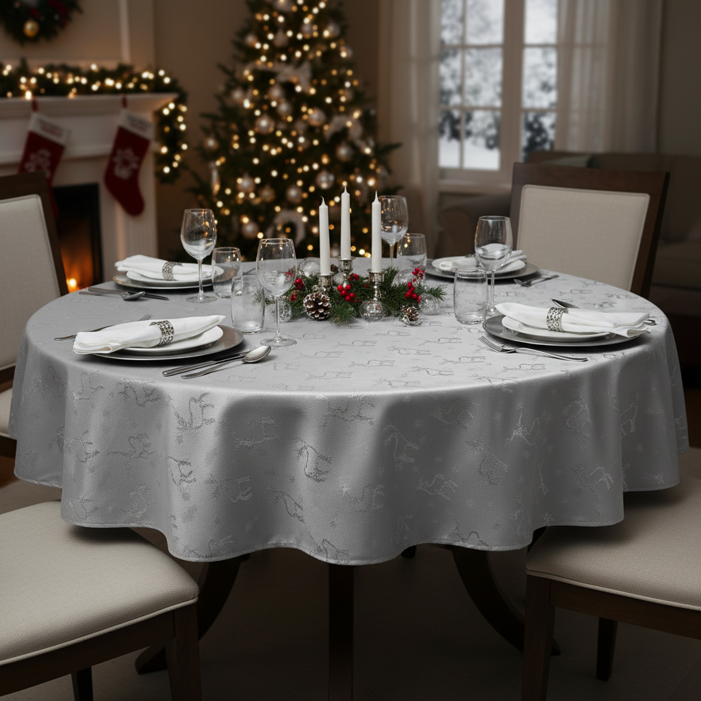 Lurex Round Tablecloth 60 Inch Silver Reindeer Christmas Table Cover