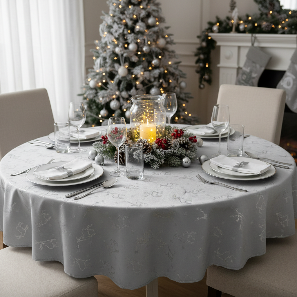 Lurex Round Tablecloth 60 Inch Silver Reindeer Christmas Table Cover