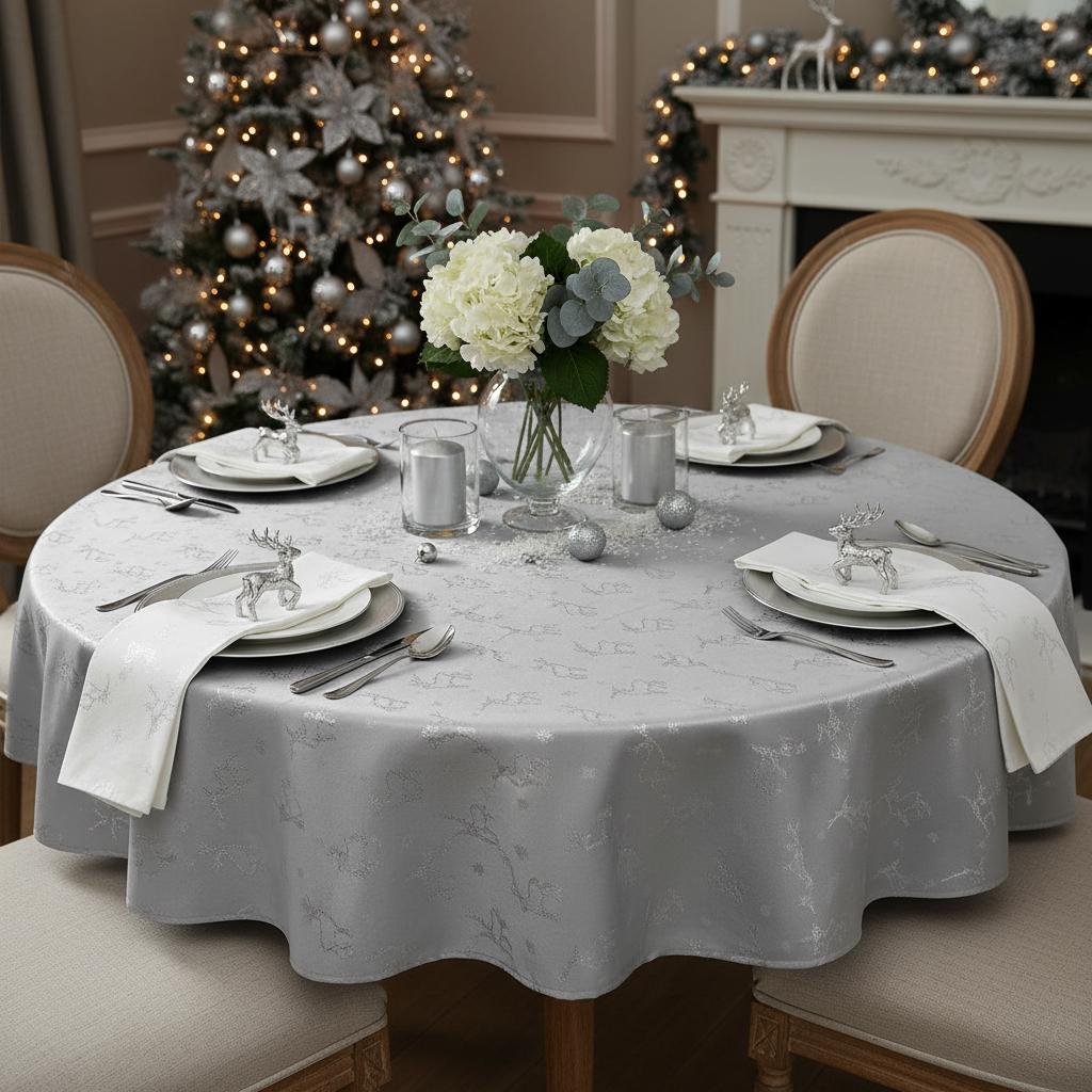 Lurex Round Tablecloth 60 Inch Silver Reindeer Christmas Table Cover