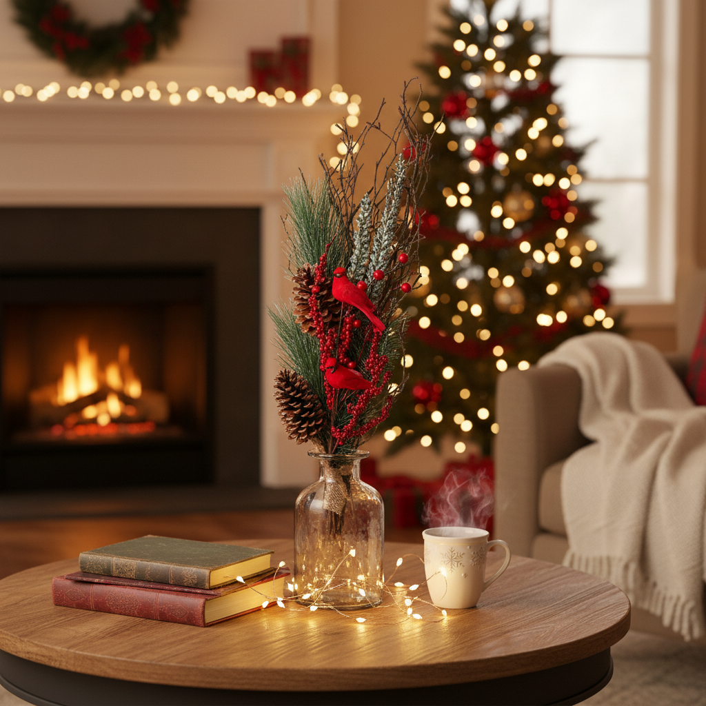 Dried Holiday Decorative Bundle With Pinecones and Cardinals Christmas Arrangement