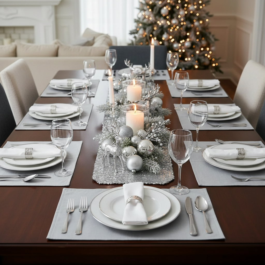 Lurex Placemat Silver Reindeer Christmas Holiday Dining Table Mats - Set of 12