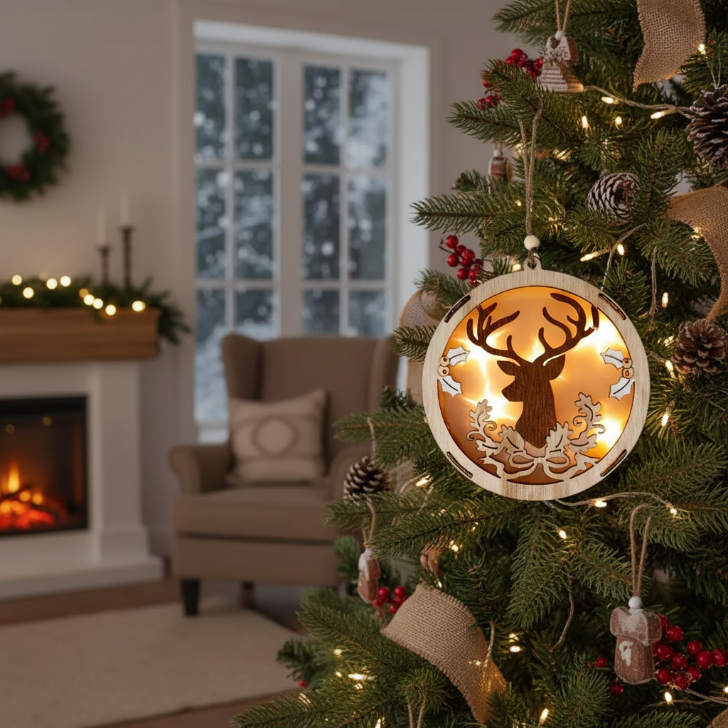 LED Wooden Round Cutout Christmas Ornament Assorted Holiday Tree Decorations - Set of 6