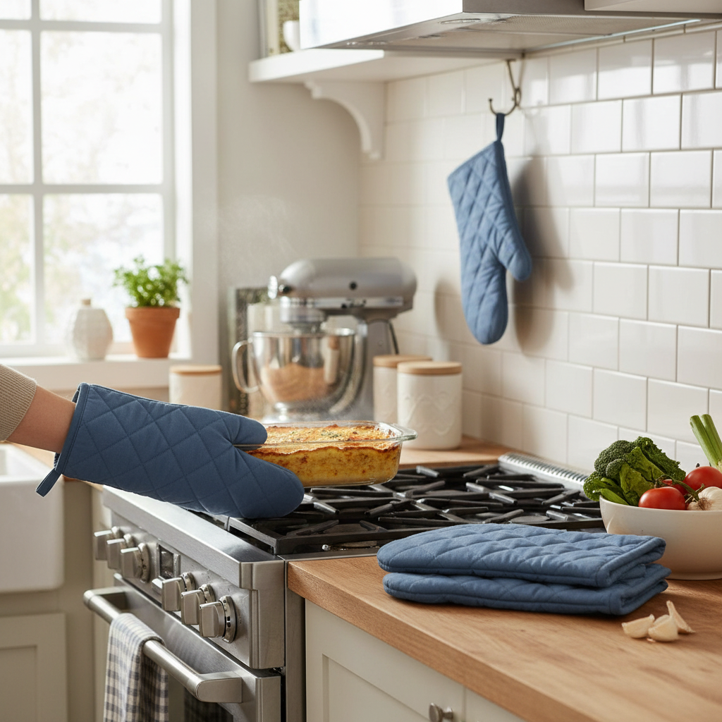 Blue Quilted Oven Mitt 7.5x13 Inch – Heat Resistant Kitchen Gloves – Set of 4