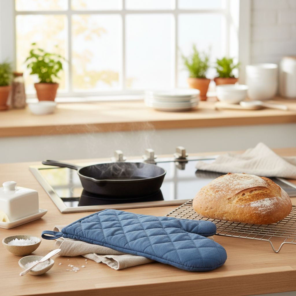 Blue Quilted Oven Mitt 7.5x13 Inch – Heat Resistant Kitchen Gloves – Set of 4