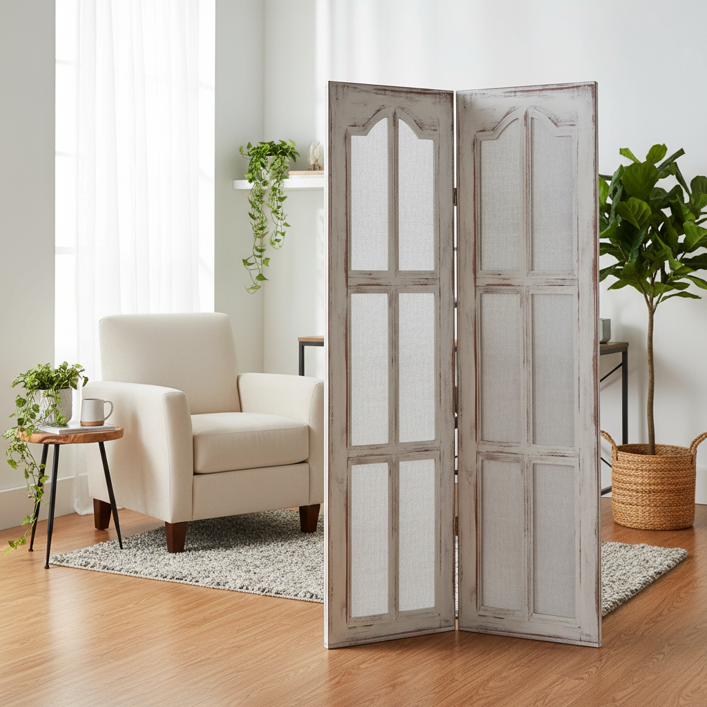 Double Sided Canvas Room Divider Arched Window Pane Decorative Screen