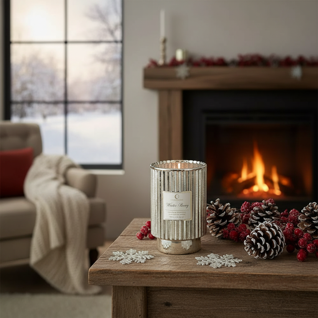 11.3oz Ribbed Gold Electroplated Scented Candle – Winter Berry