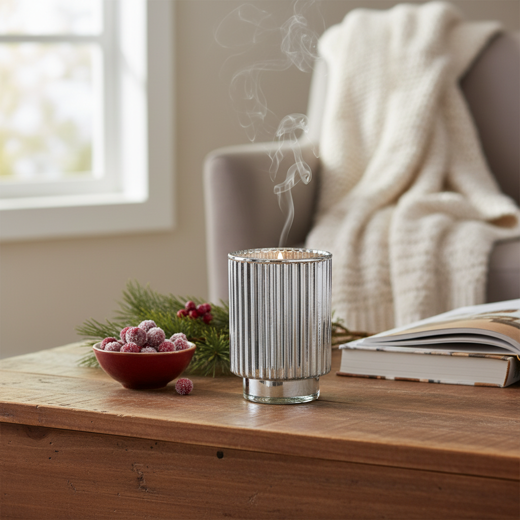 11.3oz Ribbed Silver Electroplated Scented Candle – Winter Berry
