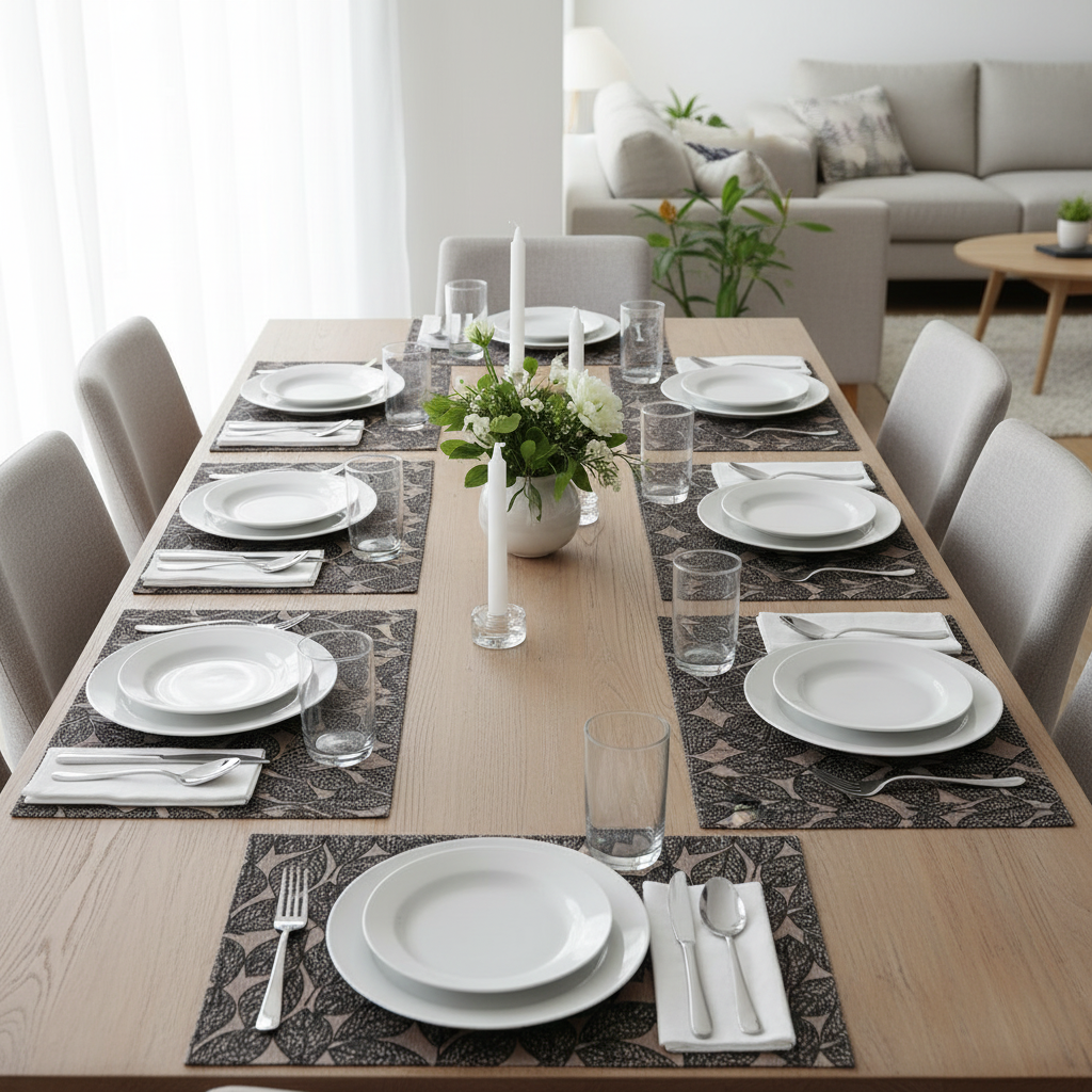 Black Leaf Poly-Linen Printed Placemat Set of 12 – Modern Table Decor, Dining Mats