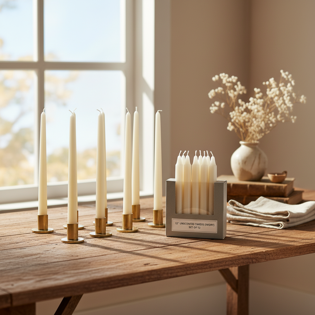 12" Ivory Unscented Taper Candles – 12-Pack, Decorative Home & Event Candles