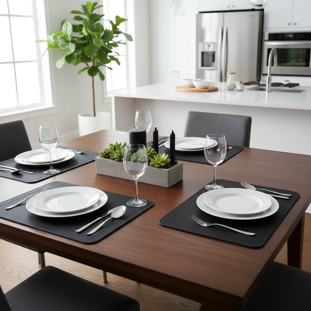 Black Plastic Dining Placemat – Modern, Durable, Easy Clean, Kitchen Table Decor – Set of 12