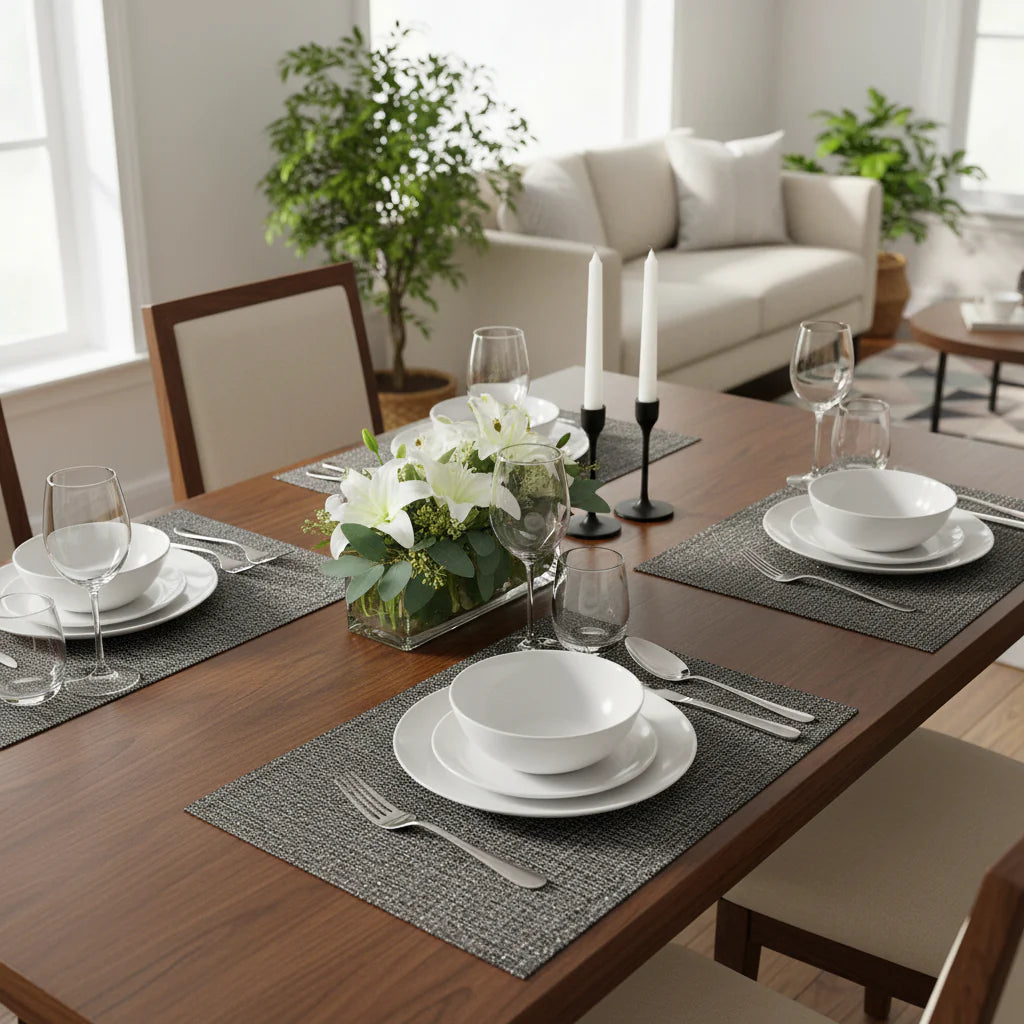 Black Lurex Woven PVC Placemat Set of 12 – Sparkling Table Decor, Durable Mats