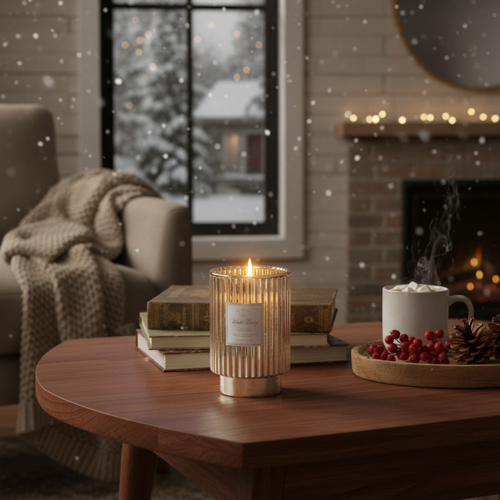 11.3oz Ribbed Gold Electroplated Scented Candle – Winter Berry