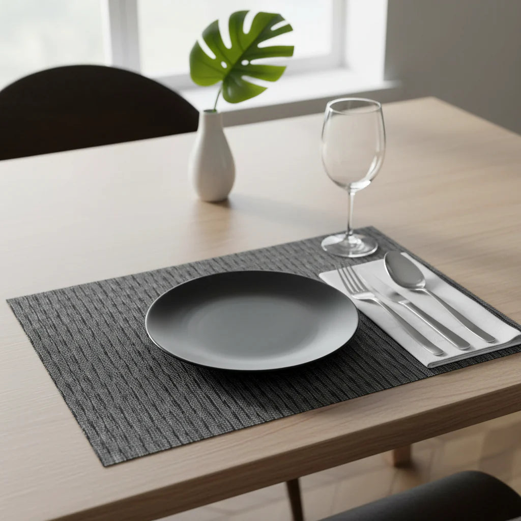 Black Textstyle Woven PVC Placemat Set of 12 – Modern Table Decor, Durable Mats