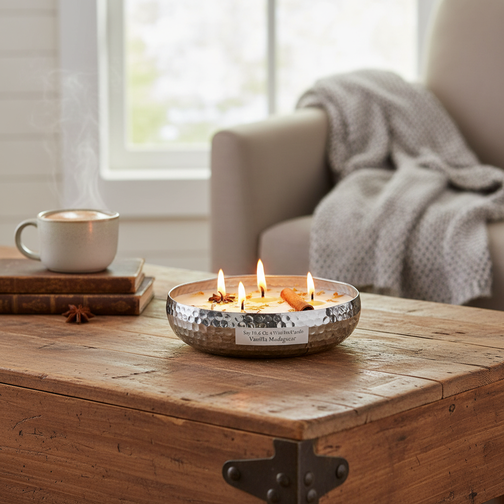 10.6oz 4-Wick Soy Candle in Metal Dish – Vanilla Madagascar Scent, Home Fragrance