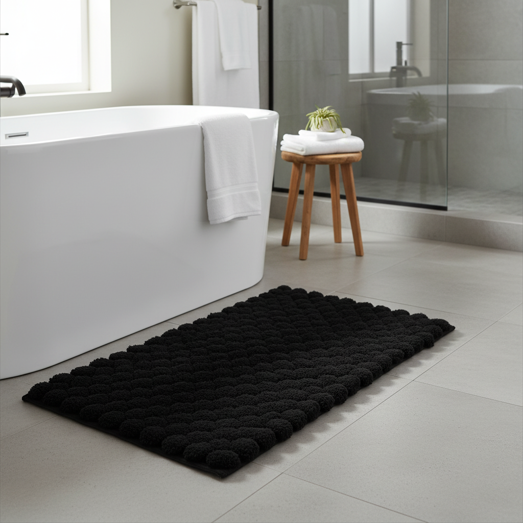 Handwoven Pompom Bath Mat – Black, 20x32 Inch, Soft & Decorative