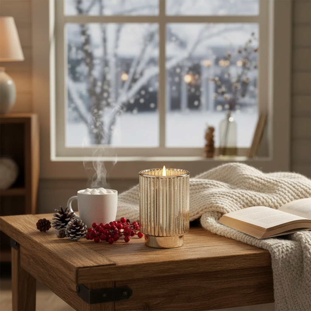 11.3oz Ribbed Gold Electroplated Scented Candle – Winter Berry