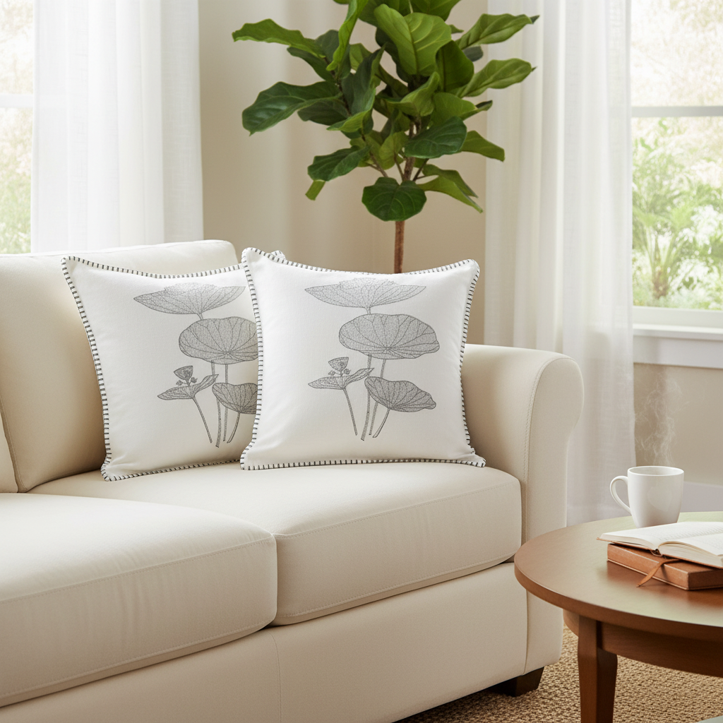 Blanket Stitch Embroidered Cushion Lotus Leaf Set Of 2, 18 X 18 Inch, Decorative Throw Pillow
