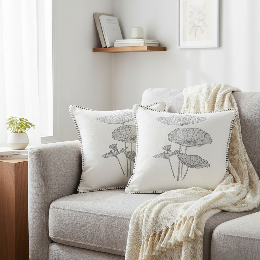 Blanket Stitch Embroidered Cushion Lotus Leaf Set Of 2, 18 X 18 Inch, Decorative Throw Pillow