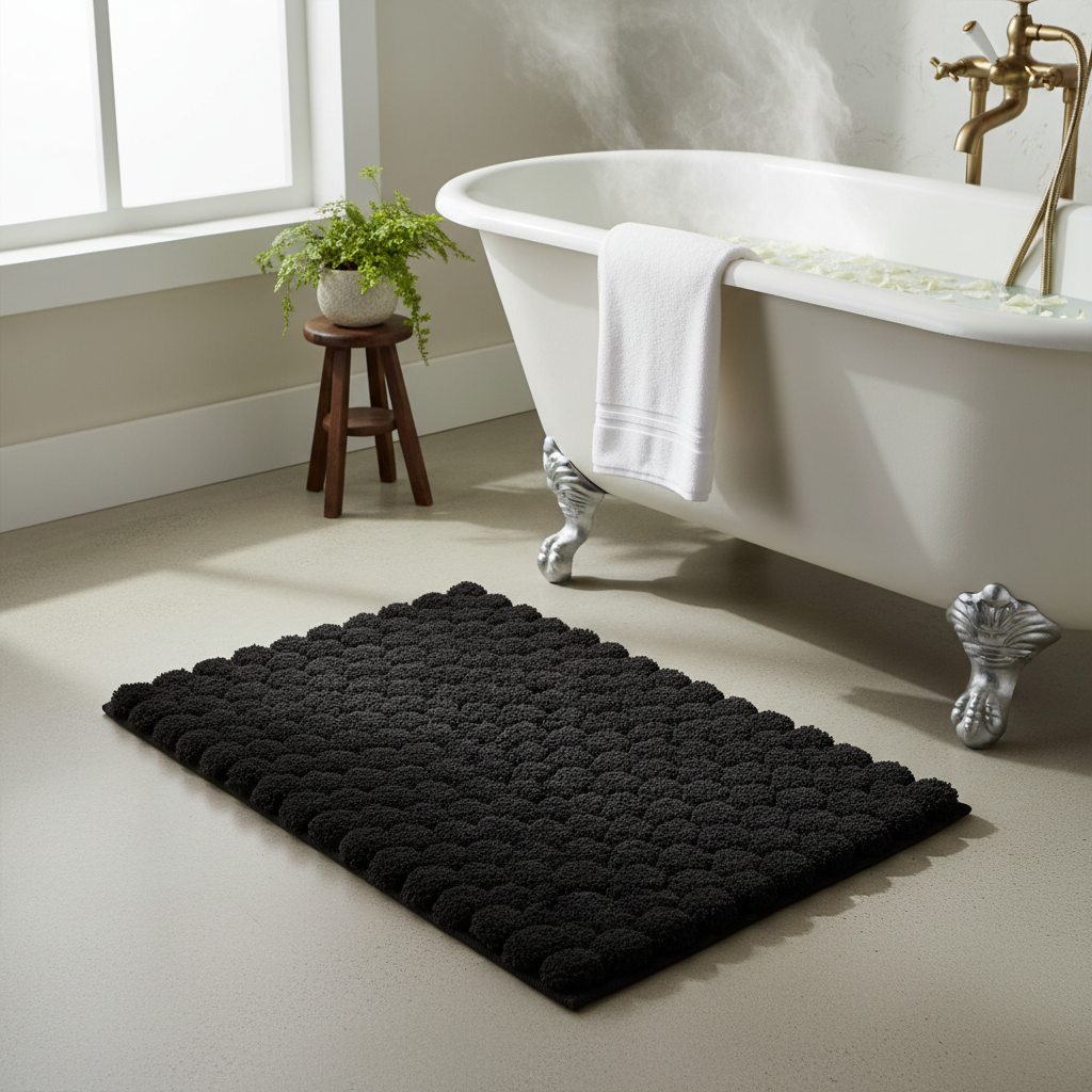 Handwoven Pompom Bath Mat – Black, 20x32 Inch, Soft & Decorative
