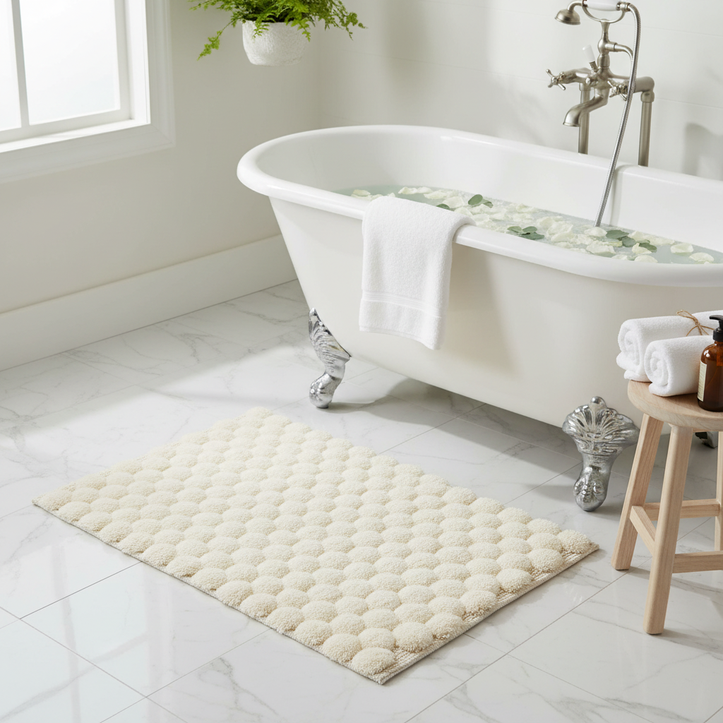 Handwoven Pompom Bath Mat – Natural, 20x32 Inch, Soft & Decorative