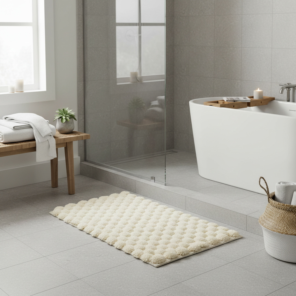 Handwoven Pompom Bath Mat – Natural, 20x32 Inch, Soft & Decorative