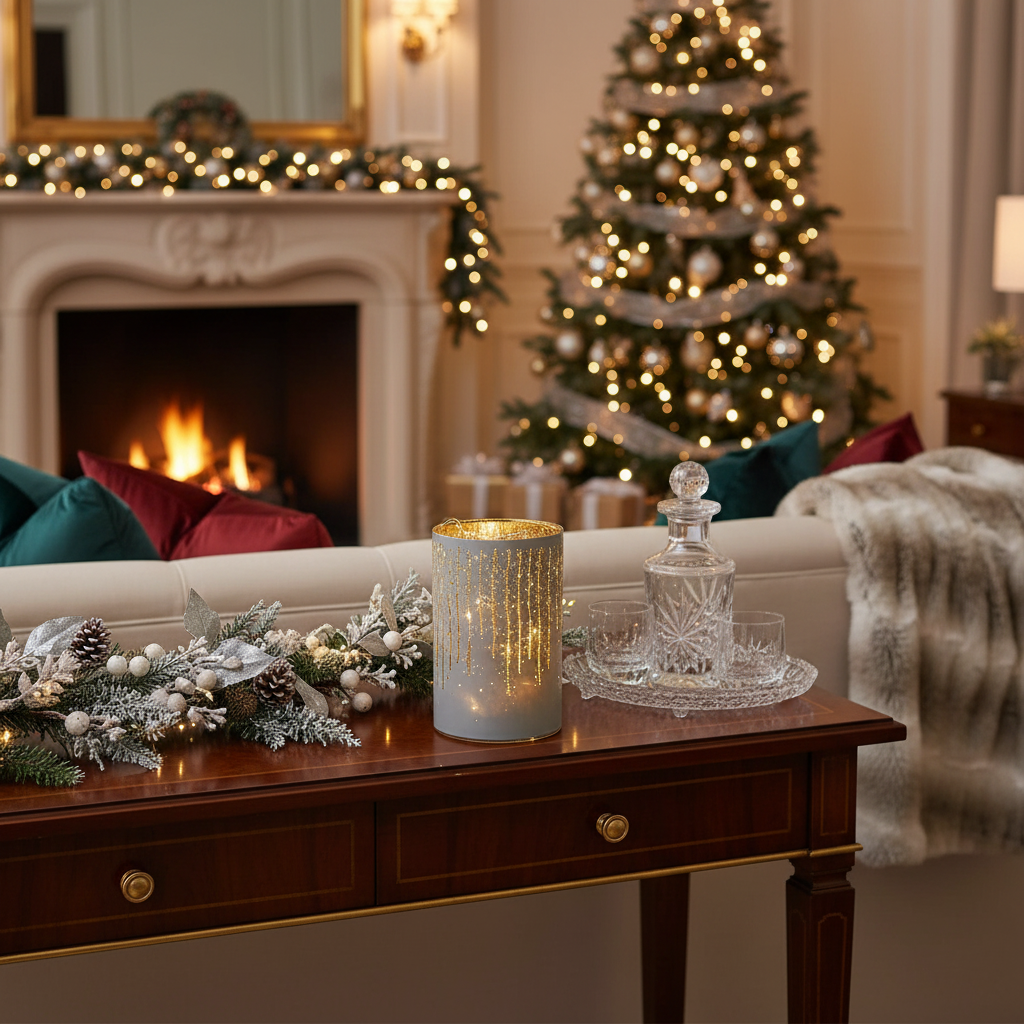 Christmas LED White Glass Stand Dangling Garland 6 Inch, Holiday Home Decor, Festive Accent