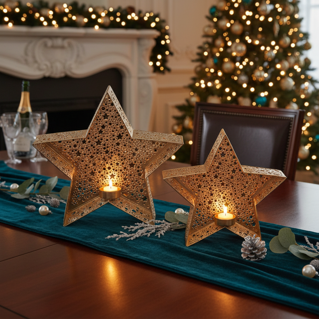 Metal Cutout Black Star Tealight Holder Set Of 2, Star Candle Holder, Rustic Candle Decor, Christmas Tabletop Decor