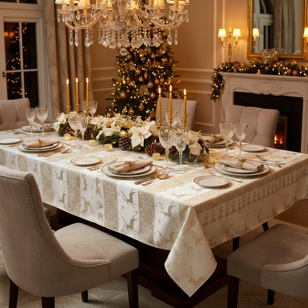 Lurex Tablecloth 54 X 72 Gold Jumping Reindeers Holiday Dining Table Cover