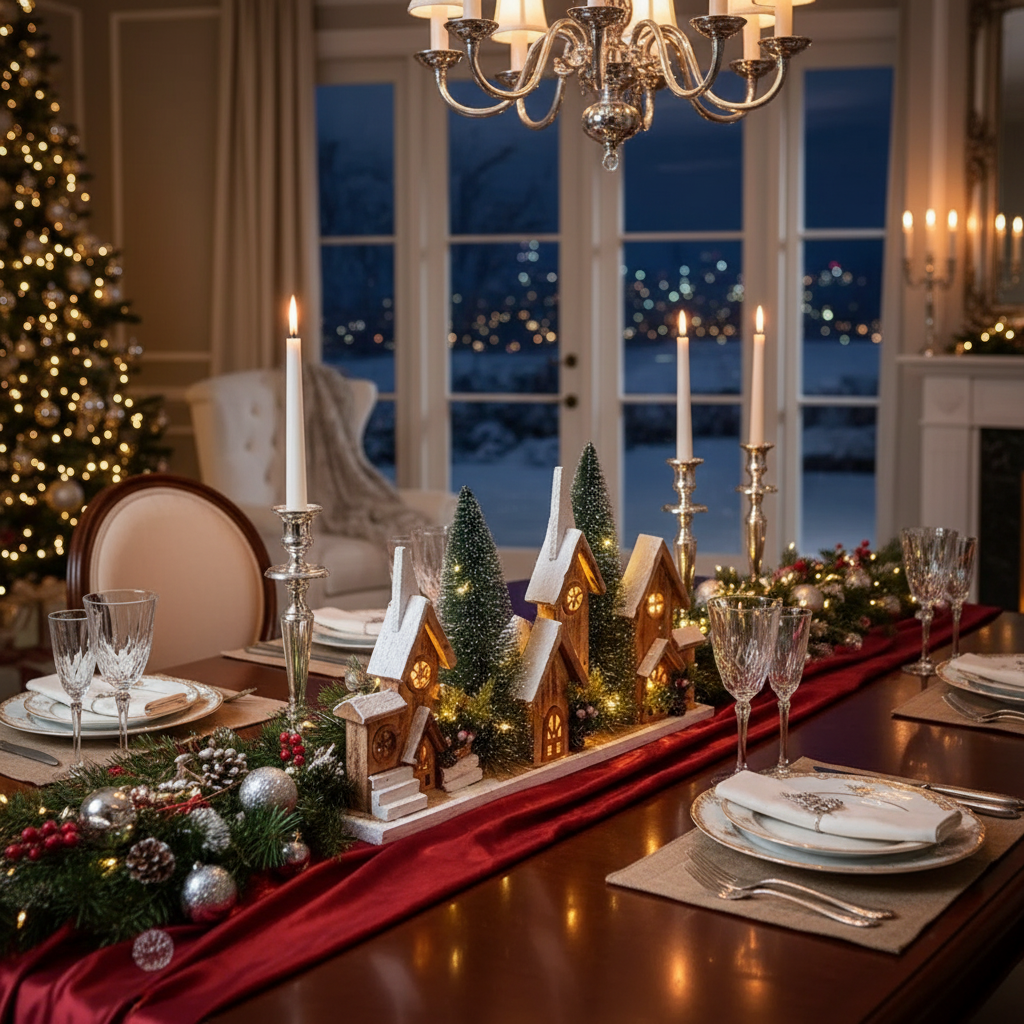 12.01" LED Triple Wooden House Brown – Christmas Table Decor