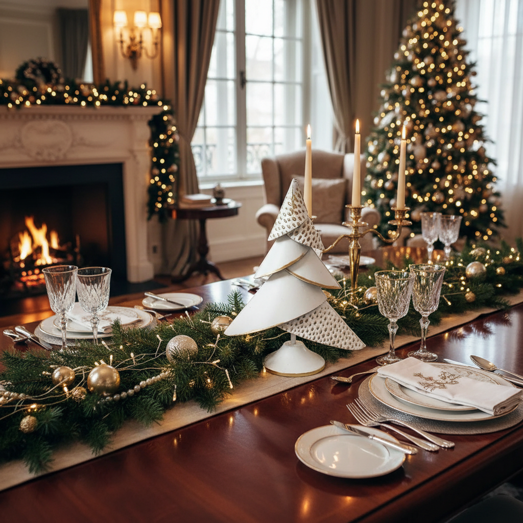 6-Layer Gold & White Metal Christmas Tree – Holiday Table Decor