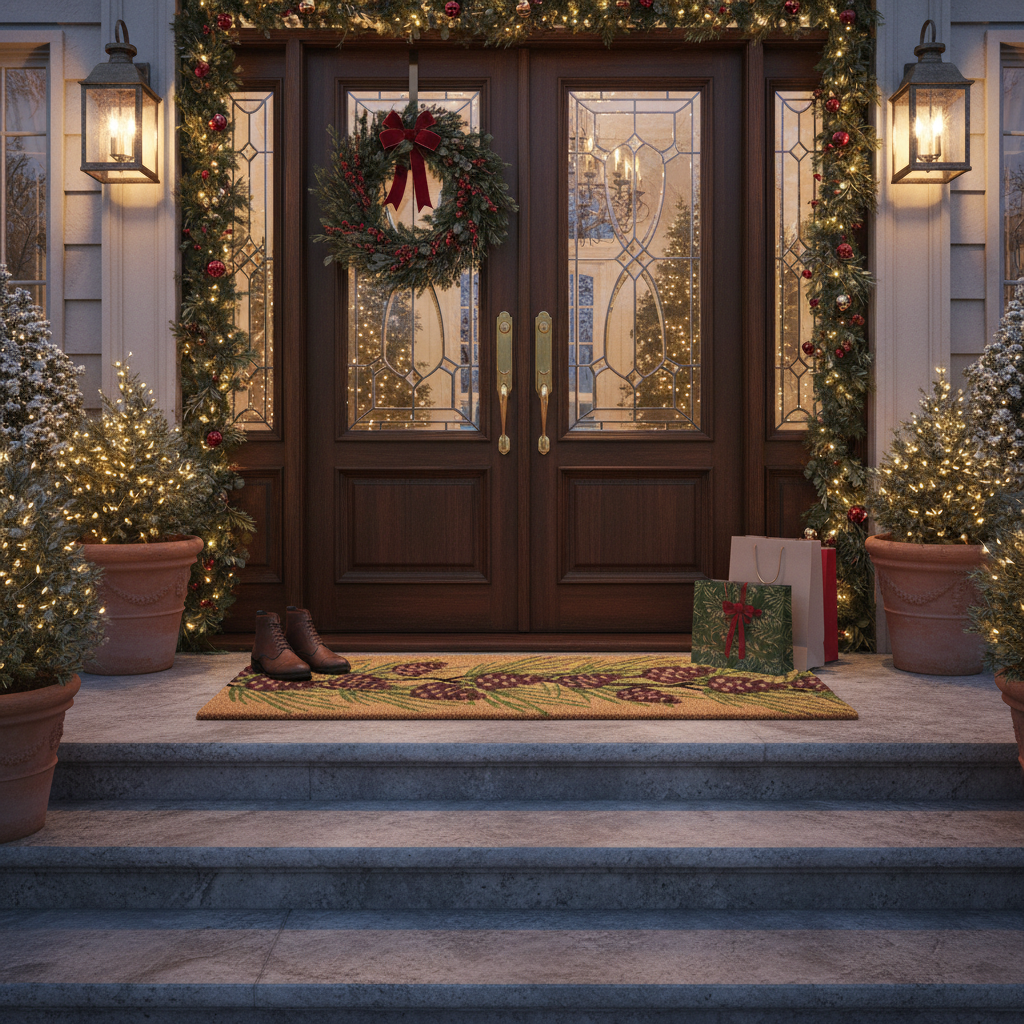 Christmas Coir Door Mat Pinecones 16x48 Inch, Holiday Entryway Mat, Festive Home Decor