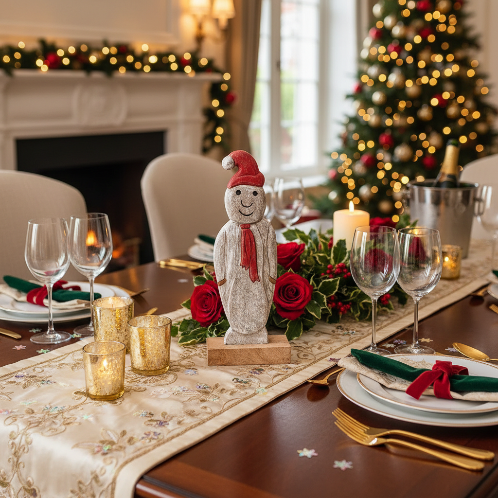 Christmas Mango Wood Snowman On Base, Holiday Table Decor, Festive Accent
