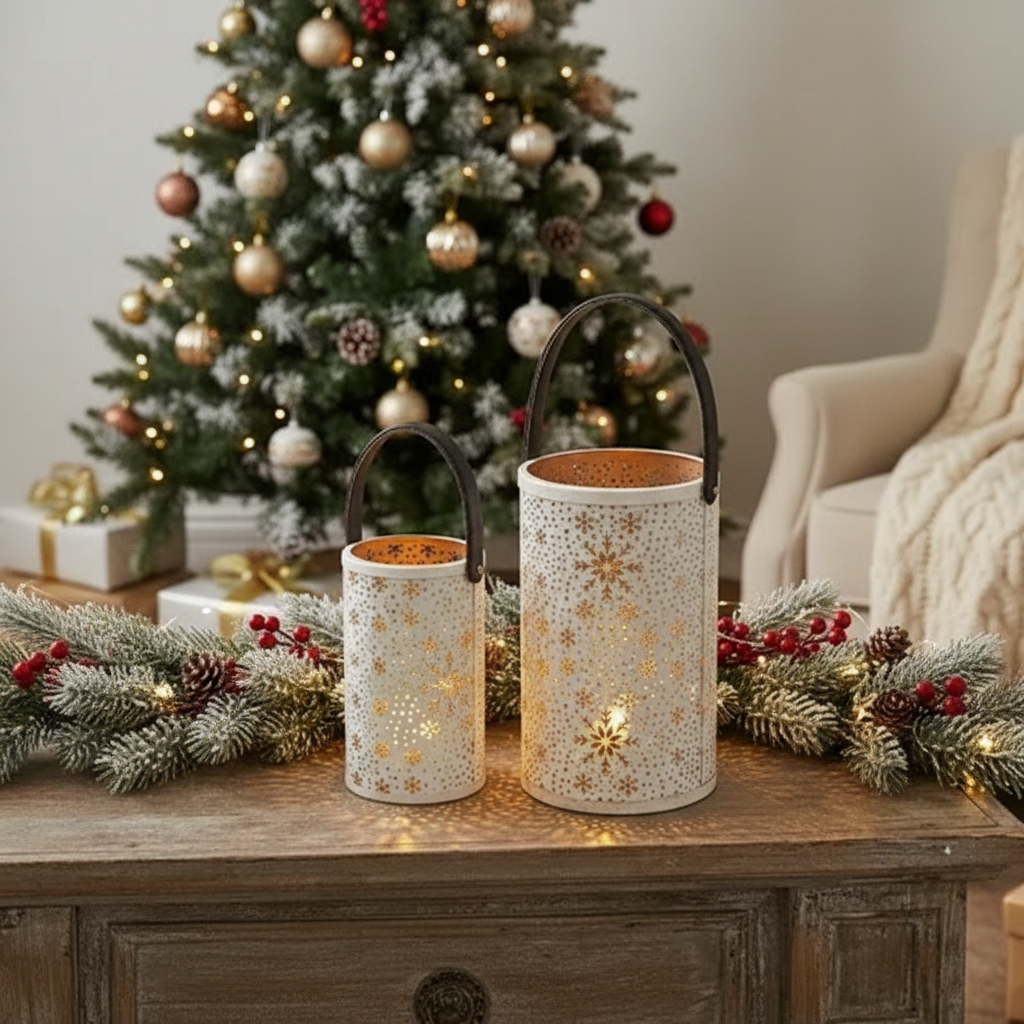 Christmas Metal Cutout Lantern Set Of 2 Snowflake, Holiday Candle Holder, Festive Home Decor