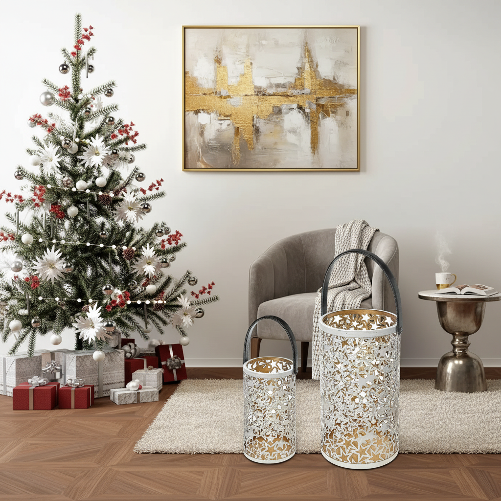 Christmas Metal Cutout Lantern Set Of 2 Star, Holiday Candle Holder, Festive Home Decor